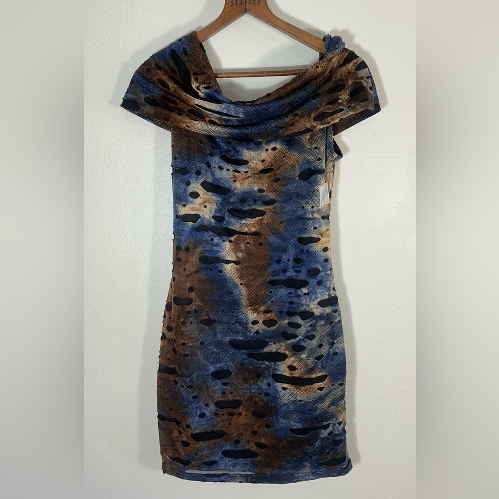 Samuel Dong Dress Large NWT Black Blue Brown Art Bodycon Festival Burnout Ripped